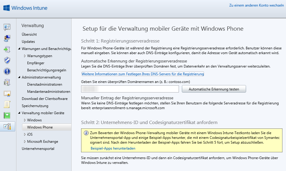 Die eigene Domain in Windows Intune zum Mobilen Device Management verwenden