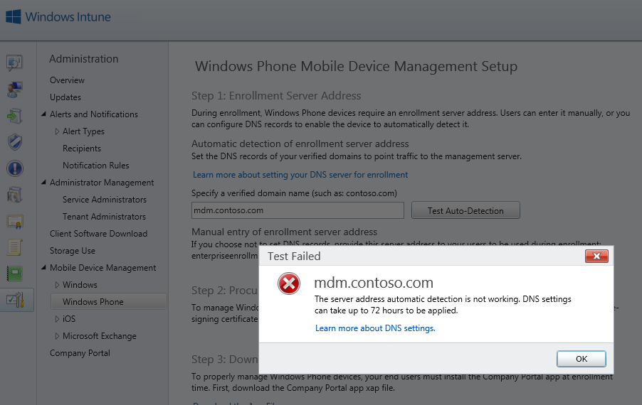 Windows Intuneadd your custom enrollment address for your mobile device management