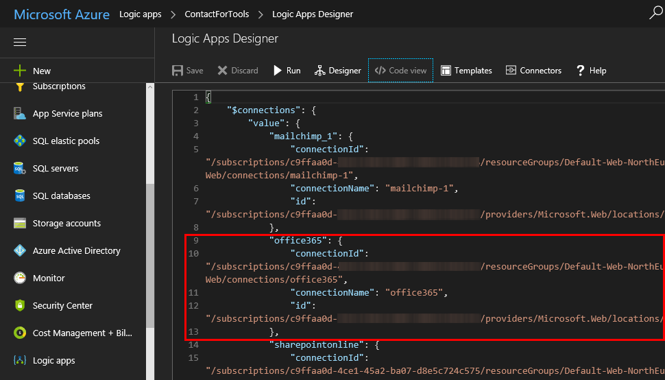 Change a connection for existing Azure LogicApps