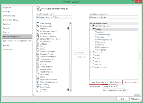 Microsoft Project Menüband anpassen