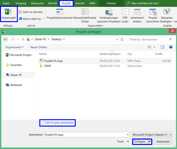 Project Project-DateiKorrektur mit Unterprojekt Project File Correction with Subproject