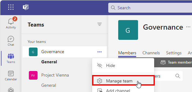 Generate the Manage team URL from code