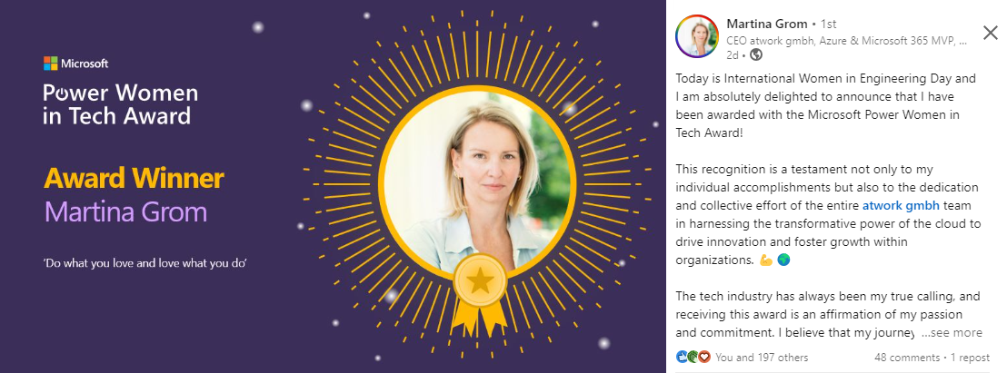Congratulations to Martina Grom on receiving the Microsoft Power Women in Tech Award