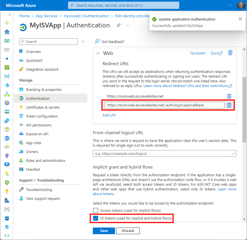 Configuring authentication for an application. A redirect URI to the website and the token flow is added.
