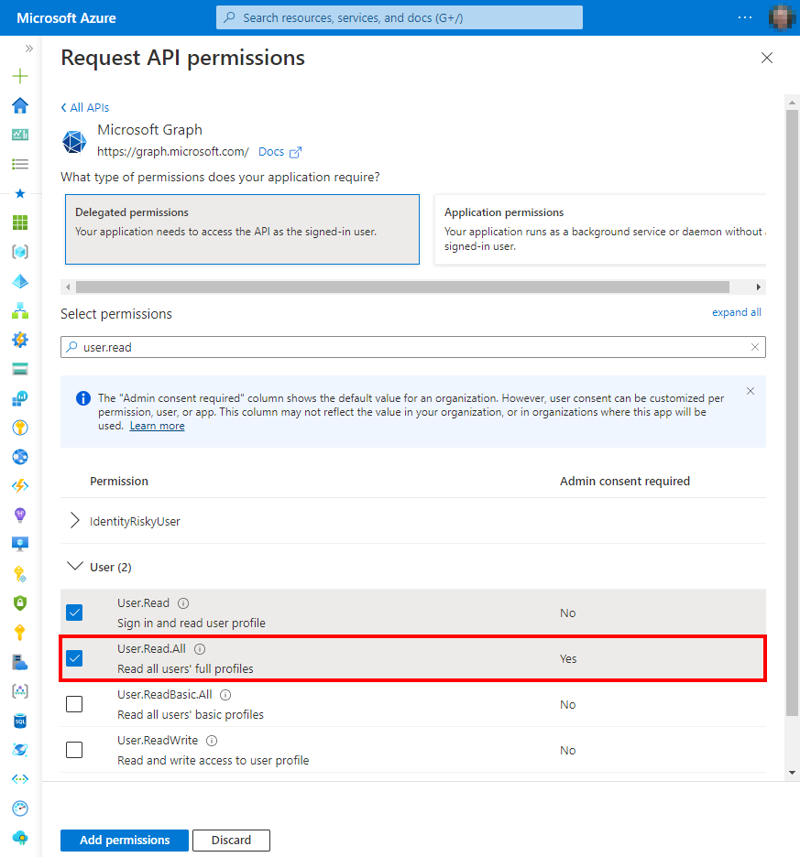 Adding API permissions to the application. User.Read is selected by default. We add the delegated permission User.Read.All here.