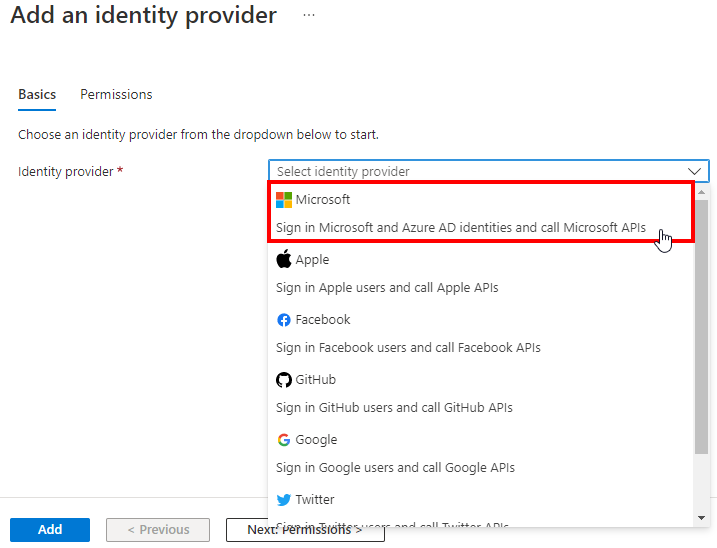 Select Microsoft as Identity Provider.