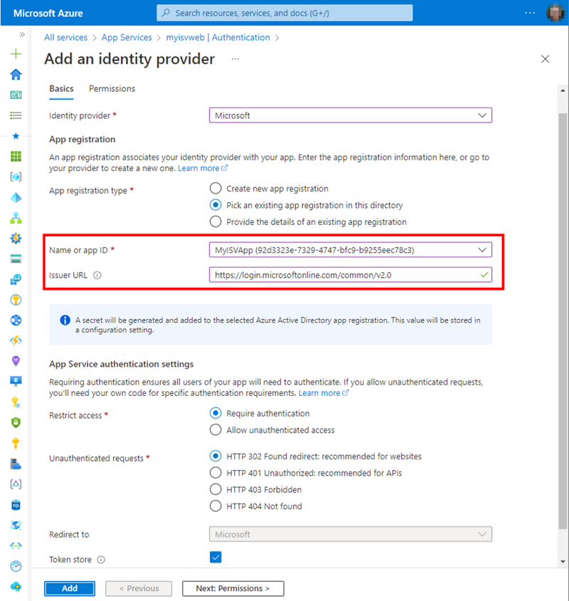 Select an existing application - or a new application - to authenticate to the website.