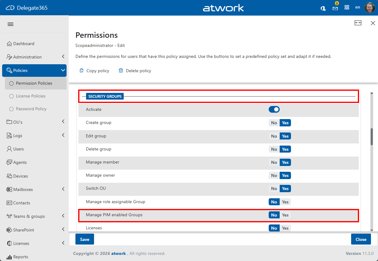 Delegate365 settings